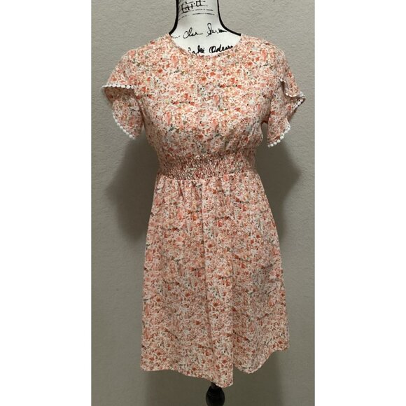 SHEIN VCAY Ditsy Floral Print Guipure Lace Trim Petal Sleeve Shirred Dress Size - Picture 5 of 9